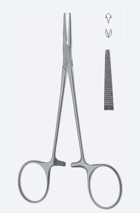 Зажими гемостатичні Halstead Mosquito, делікатні, прямі, зубчаті щелепи, зуб 2 х 1, загальна довжина 125 мм. Бренд - Asanus Medizintechnik Gmb, Німеччина